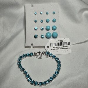 Blue Shell Pearl/Austrian Crystal Earrings & Bracelet - 9pcs Jewelry Set